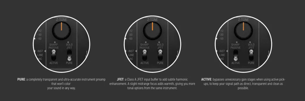 Three preamp interface input mode dials showing PURE, JFET, and ACTIVE settings with toggle switches on dark backgrounds