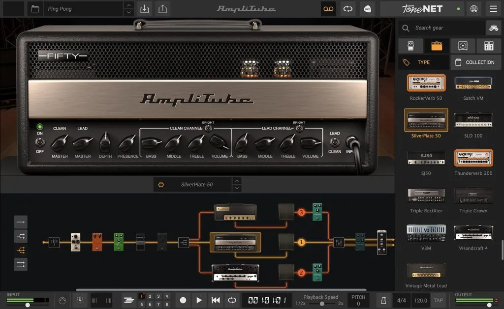 Fender Fifty amplifier head with dual channels displayed above signal flow routing diagram and collection of connected audio gear modules