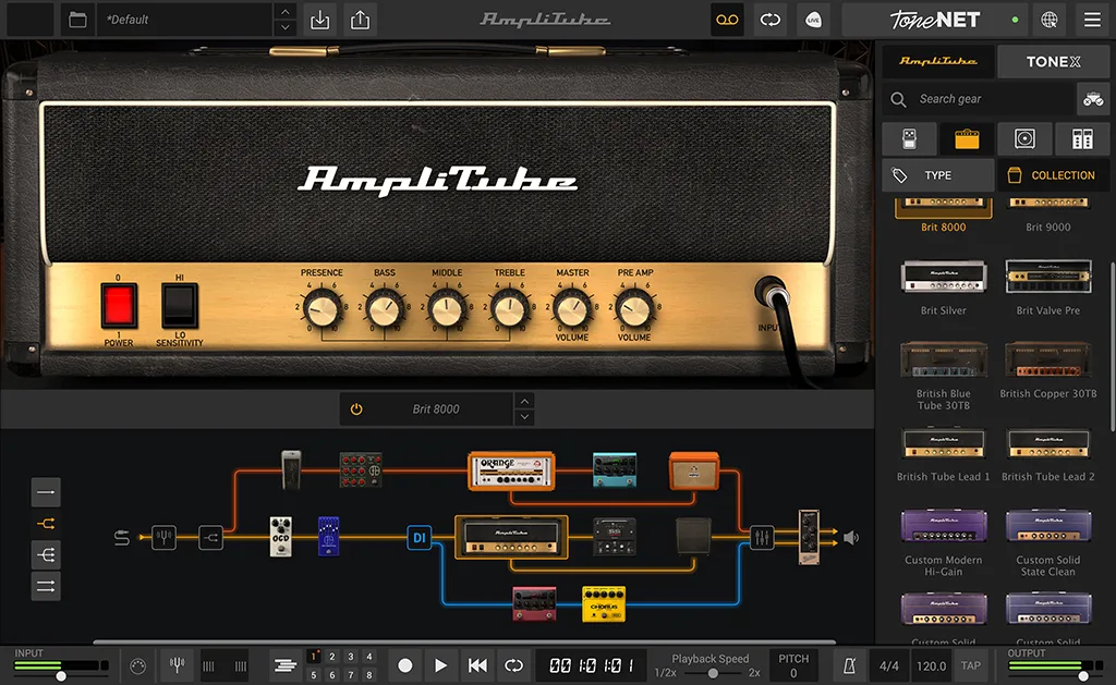 AmpliTube Brit 8000 amplifier interface shown in software with gold faceplate, control knobs, and signal chain diagram below displaying connected