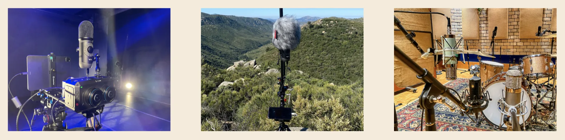Silver condenser microphone mounted on blue stand with camera and lighting setup in dark studio environment
