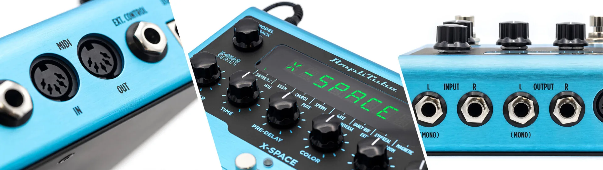 Three blue and black audio interfaces displayed at angles showing MIDI controls, knobs, and mono input/output jacks