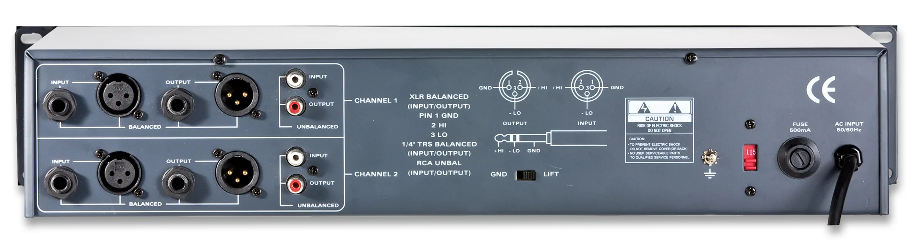 Rear panel of ART EQ355 dual-channel audio interface showing XLR balanced and RCA unbalanced I/O connectors, fuse holder and power inlet
