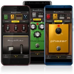 Three smartphone screens displaying IK Multimedia audio interface apps with knobs and controls in dark interfaces