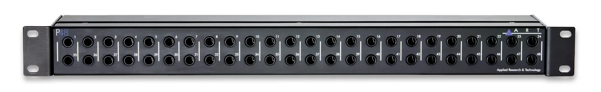 ART P48 48-channel XLR patchbay, front view showing 24 pairs of black XLR connectors in two rows on dark rackmount panel