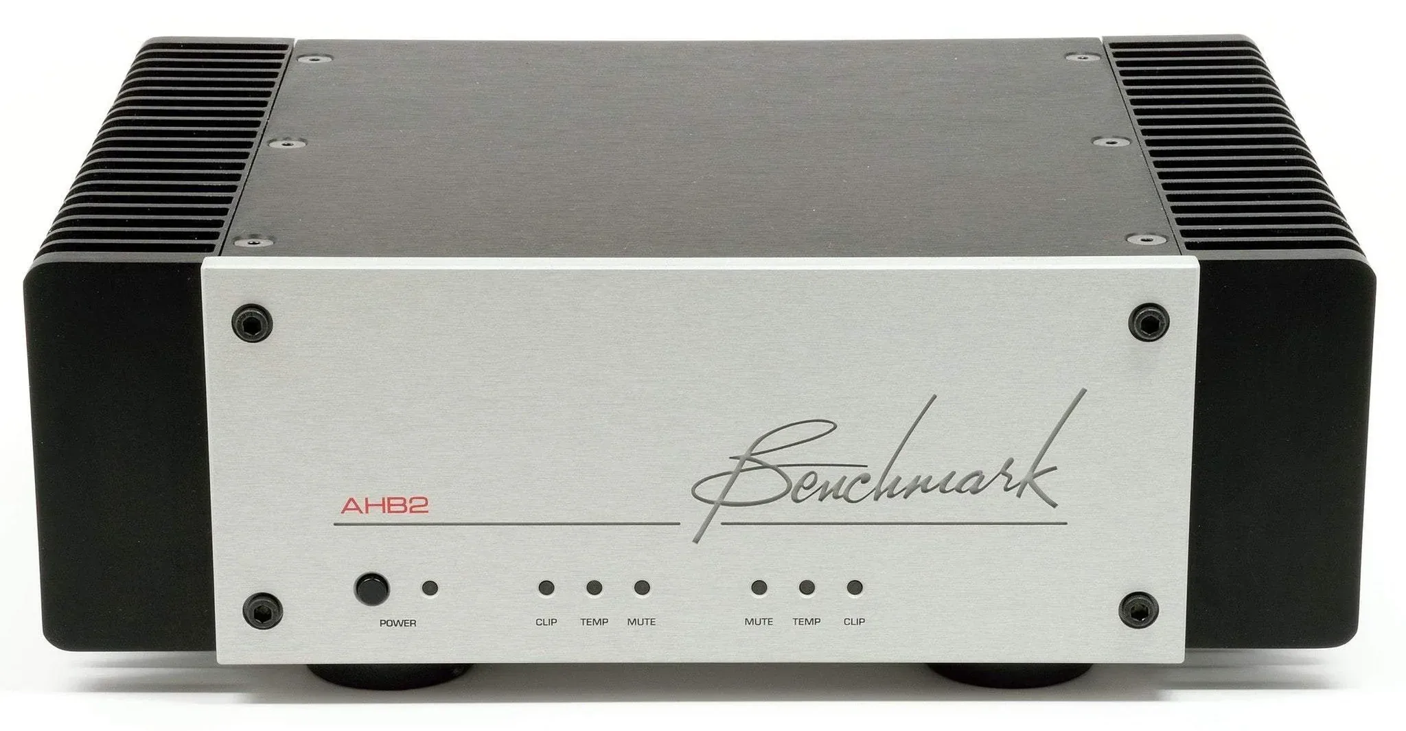 Benchmark AHB2 silver amplifier with black heatsinks on sides, front panel showing power and indicator lights