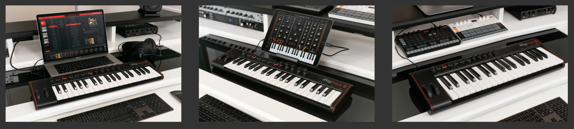 iRig Keys 2 Pro keyboard with white keys and black body, positioned on white desk with laptop and studio monitors