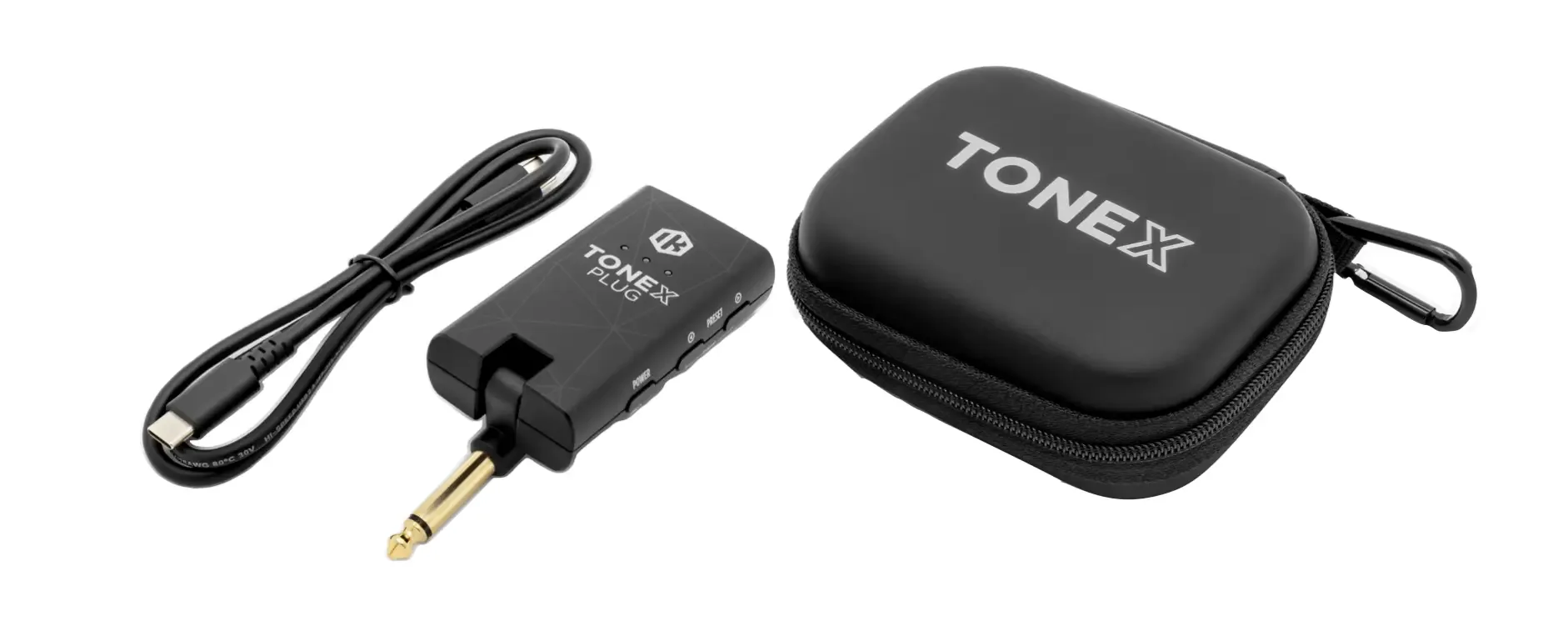TONEX Plug guitar interface with USB cable and black carrying pouch with carabiner, displayed on white background