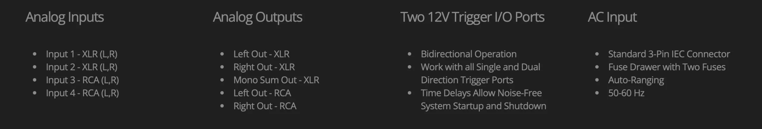Benchmark LA4 amplifier specifications chart showing analog inputs/outputs, trigger ports, and AC power connector details.