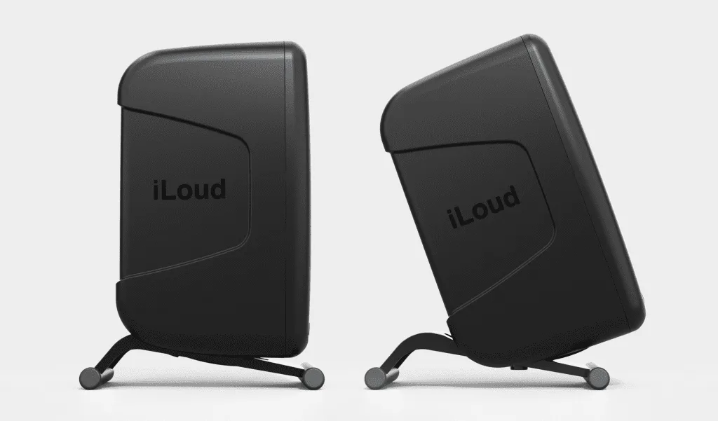 Pair of black iLoud MTM MKII studio monitors shown front and angled views against white background