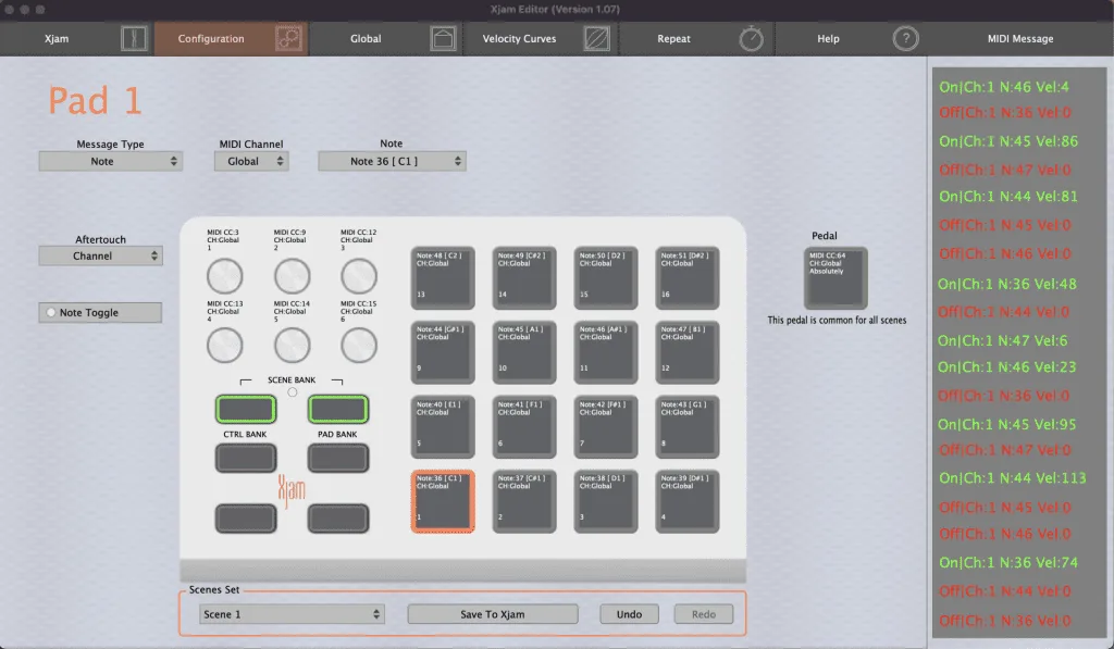 ESI Xjam MIDI controller interface showing Pad 1 configuration screen with 16 note pads, control knobs, and scene bank buttons