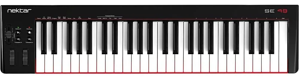 Nektar SE49 49-key USB MIDI keyboard controller, black with white keys, viewed from above at slight angle.