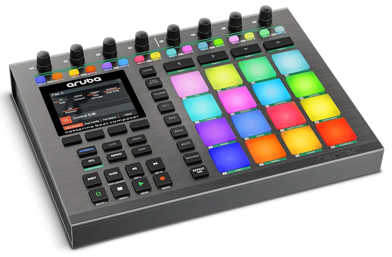 Nektar Aruba drum pad controller angled view showing 16 illuminated RGB pads in grid layout with 8 knobs and control buttons