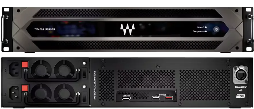 Front and rear view of Waves TITAN-R rackmount server showing dual power supplies, cooling fans, and rear I/O panel