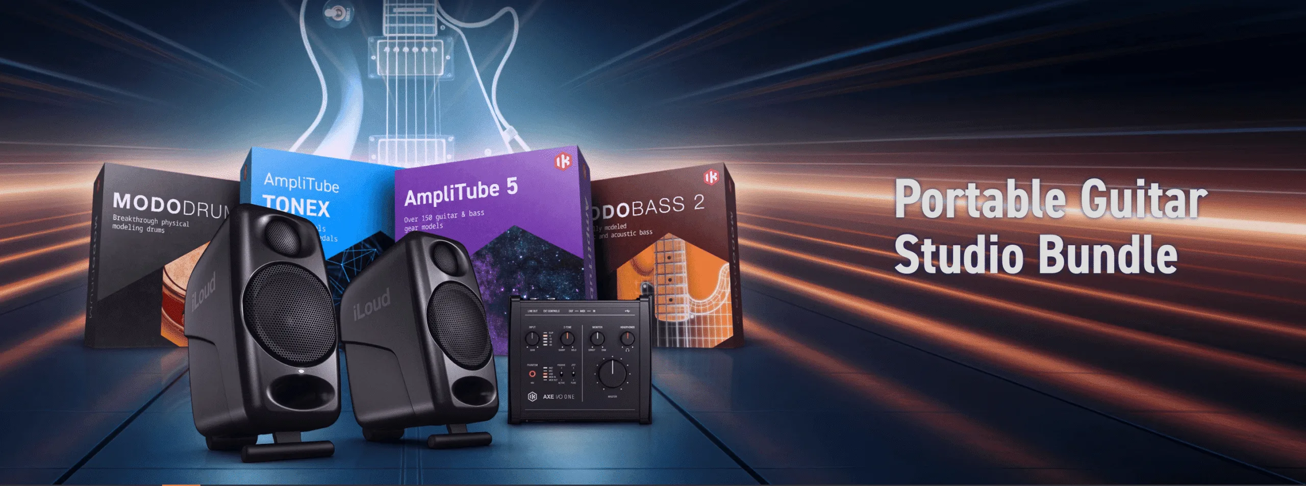 Glowing neon guitar overlooks bundled studio gear: two black speakers, software boxes (AmpliTube, MODO DRUM), audio interface, against dramatic blue