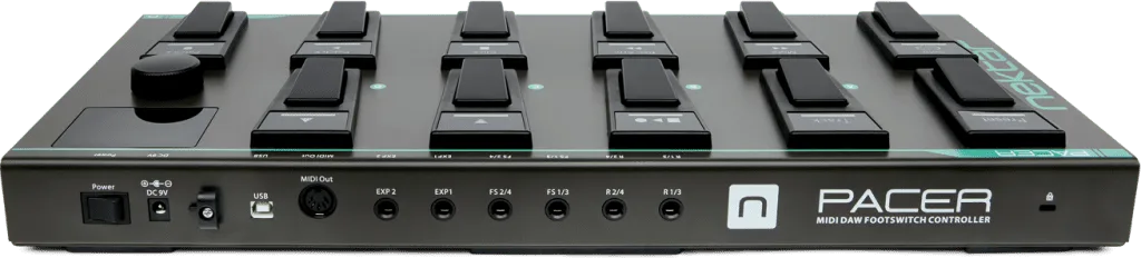 Nektar Pacer MIDI foot switch controller, top view showing six black pedals and rear panel connections against white background