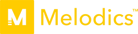 Melodics logo with gold and white branding on yellow background
