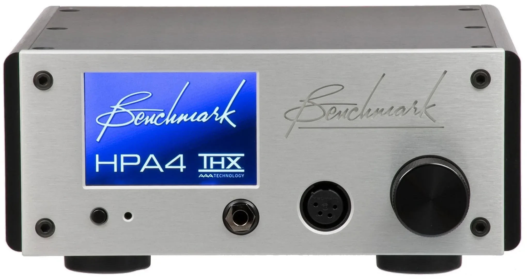 Benchmark HPA4 headphone amplifier, silver faceplate with blue display screen, front-mounted connectors and large rotary control knob