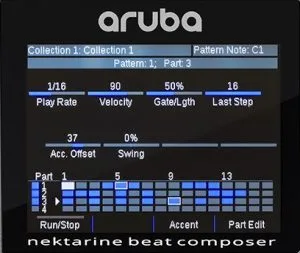 Nektar Aruba beat composer interface showing dark control panel with blue grid sequencer, knobs, and performance parameters