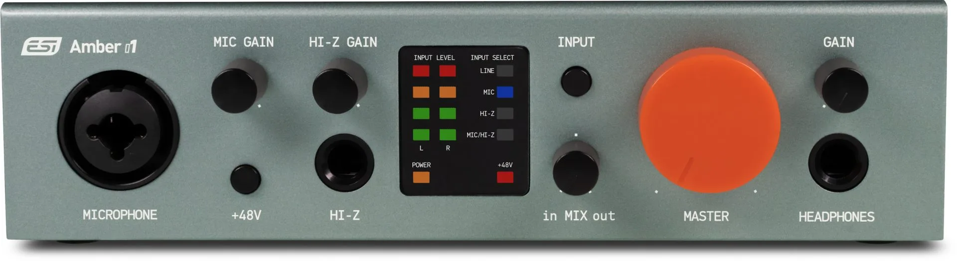 ESI Amber i1 audio interface, top-down view showing microphone input, gain controls, and large orange master fader knob.