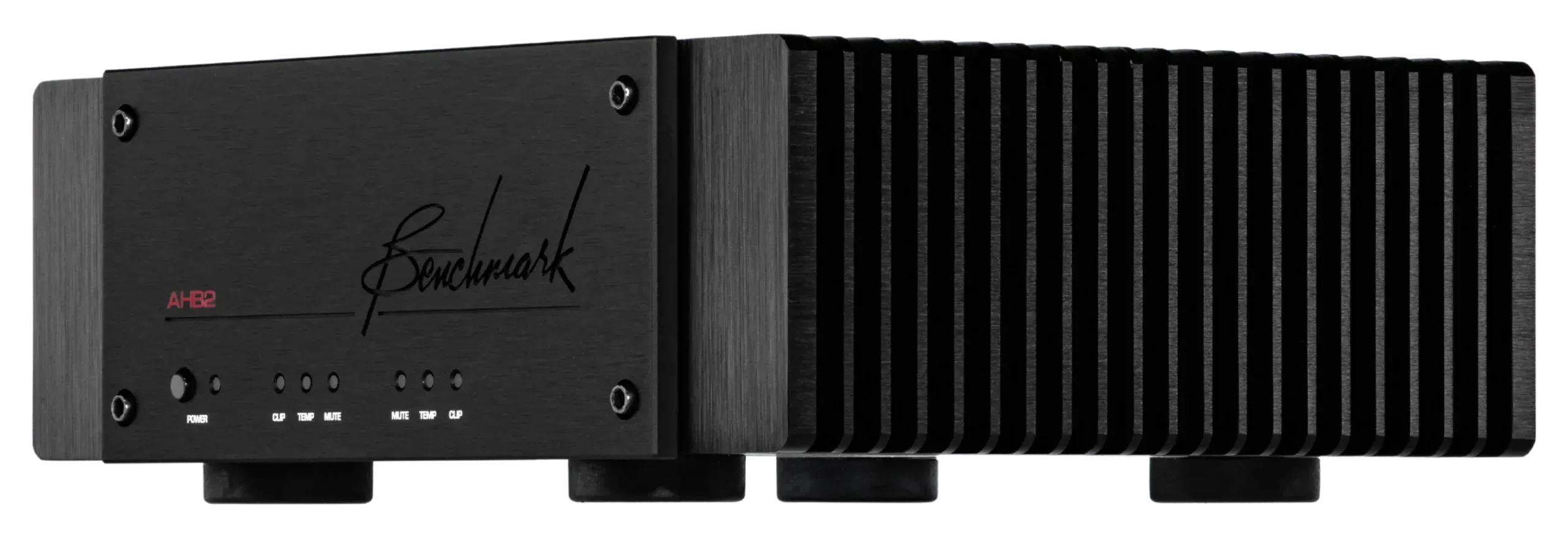 Benchmark AHB2 power amplifier, black brushed metal finish, front panel with control buttons, large heatsink fins visible on right side