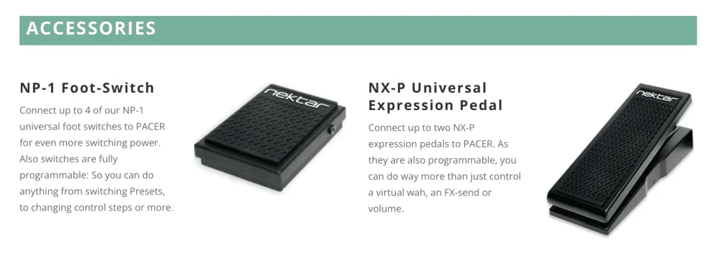 Two black Nektar foot pedals shown at an angle: NP-1 foot switch (left) and NX-P expression pedal (right) on white background