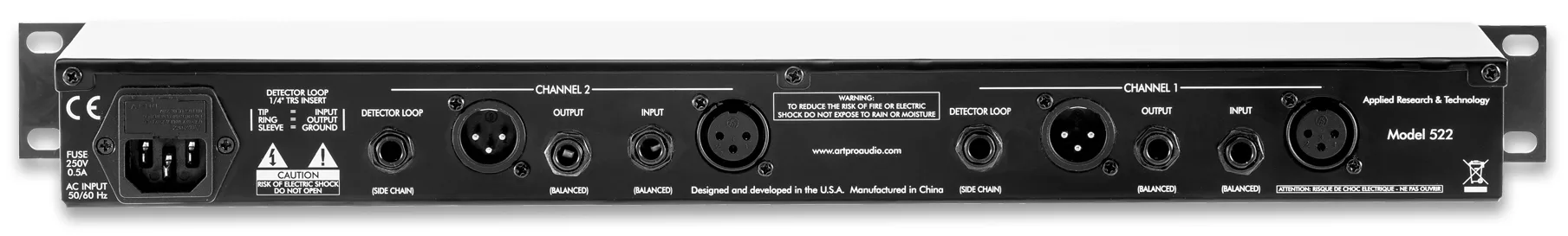 ART Model 522 dual channel limiter, front panel view showing two channels with XLR connectors, knobs, and fuse holder