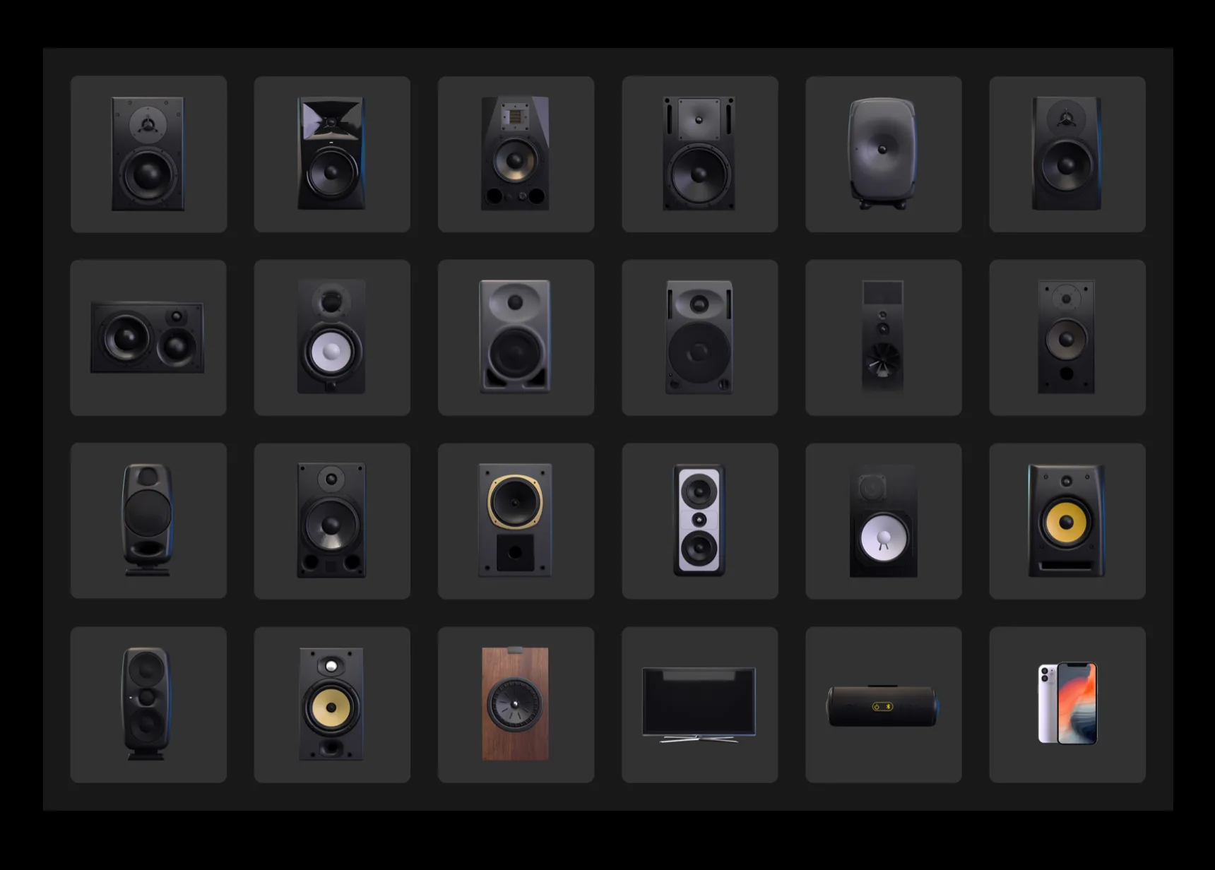 Grid of 24 studio monitors and audio equipment samples displayed against dark background