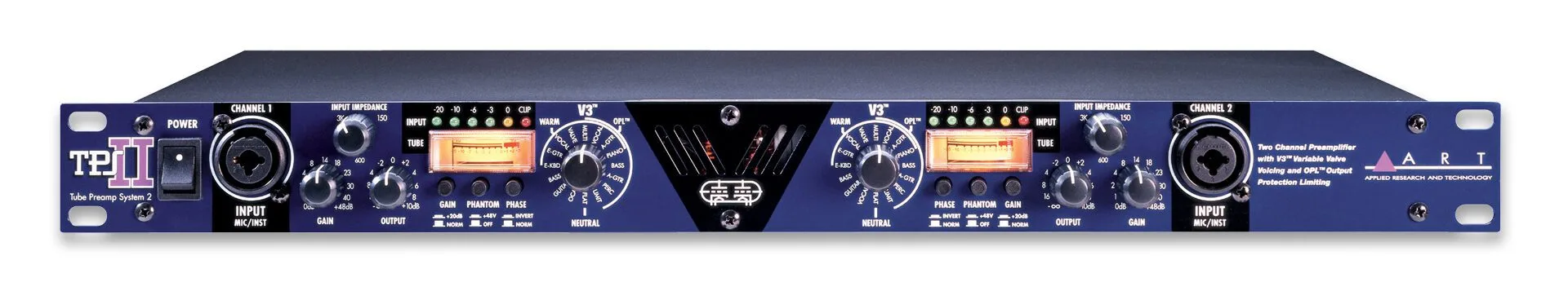 ART TPS II two-channel tube preamp, front view showing dual channels with VU meters, knobs, and input/output connectors on dark blue faceplate