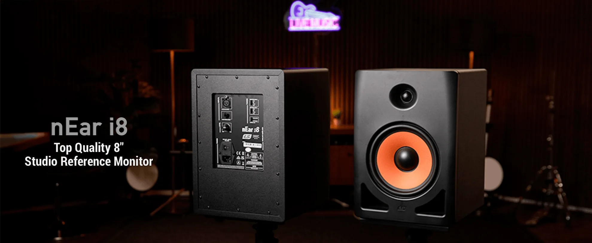 ESI nEar i8 studio monitor shown from front and rear angles, black enclosure with orange woofer cone visible