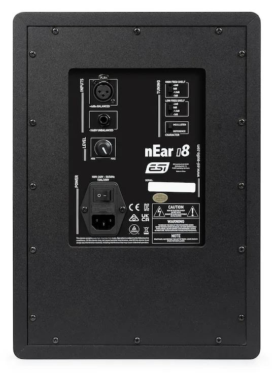 Rear panel of ESI nEar i8 studio monitor showing XLR input, volume control, and power connector against dark textured background