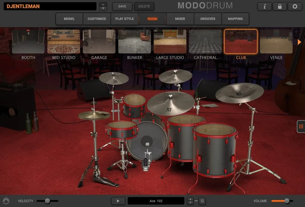 ModoDrum virtual drum kit interface showing red and black drums with cymbals in a club room setting