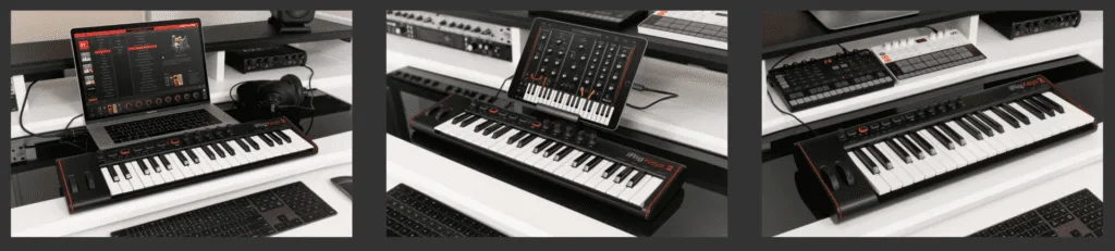 iRig Keys 2 compact black and white keyboard controller with 37 keys displayed at angle on studio desk