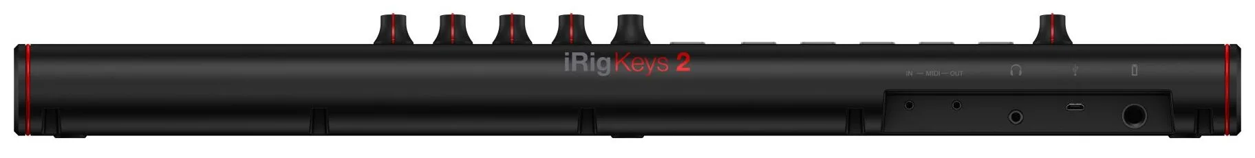 iRig Keys 2 keyboard controller, black with red accents, top-down view showing keys and right-side control panel