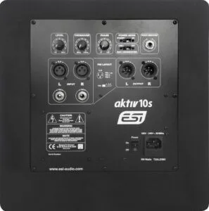 ESI aktiv 10s active studio monitor rear panel showing XLR inputs, controls, and cooling vents against dark background