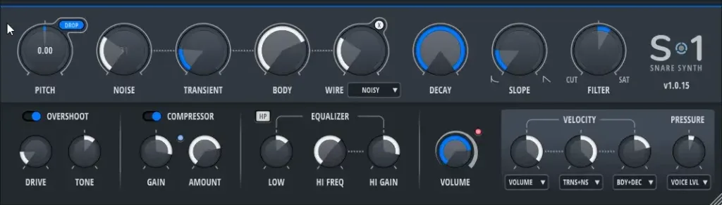 Nektar Aura S-1 snare synth plug-in controls