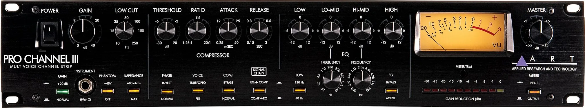 ART Pro Channel III multivoice channel strip with black faceplate, analog knobs, VU meter, and EQ section visible against dark background.