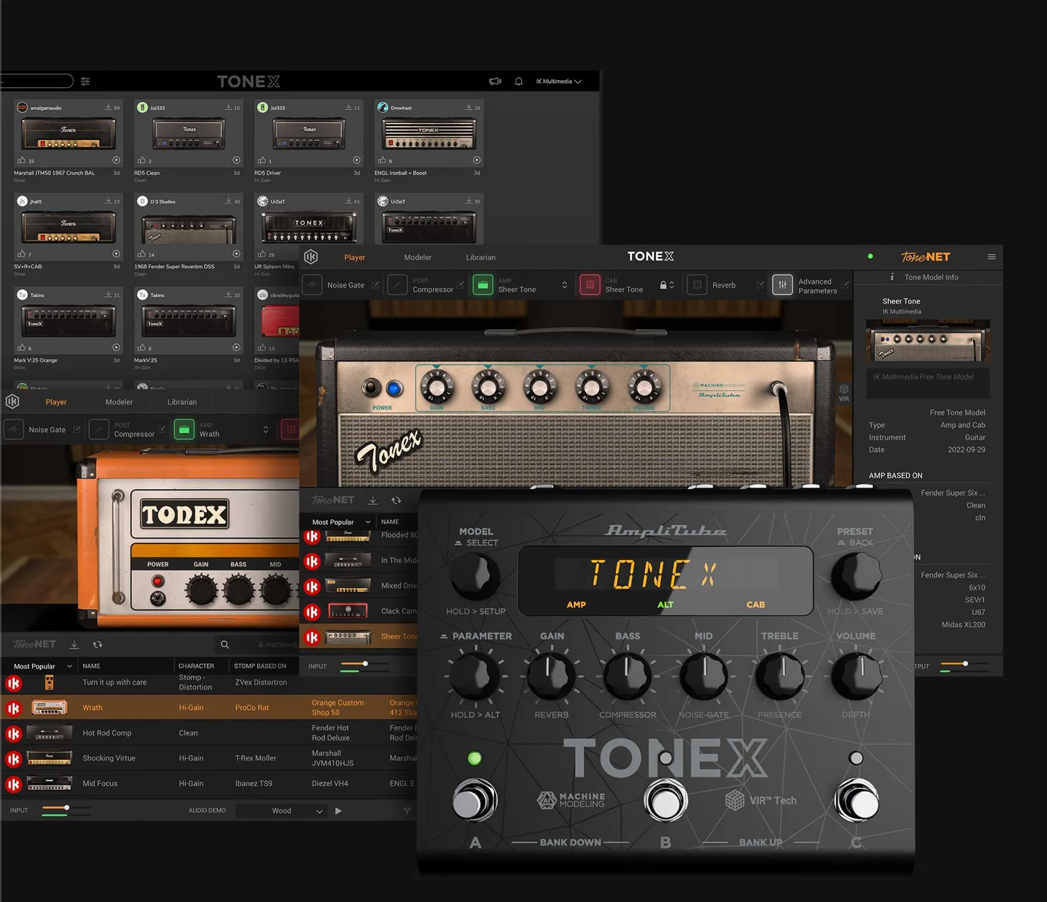 TONEX Anniversary LE Pedal with tan chassis, three footswitches, and control knobs displayed against software interface backdrop