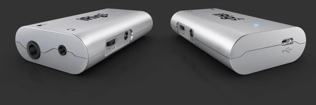 iRig UA audio interface shown from two angles: white curved device with dual inputs on left side, USB connection visible on right side