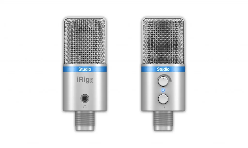 Two silver iRig Mic Studio condensers shown front and side angles, blue band detail visible, isolated on white background