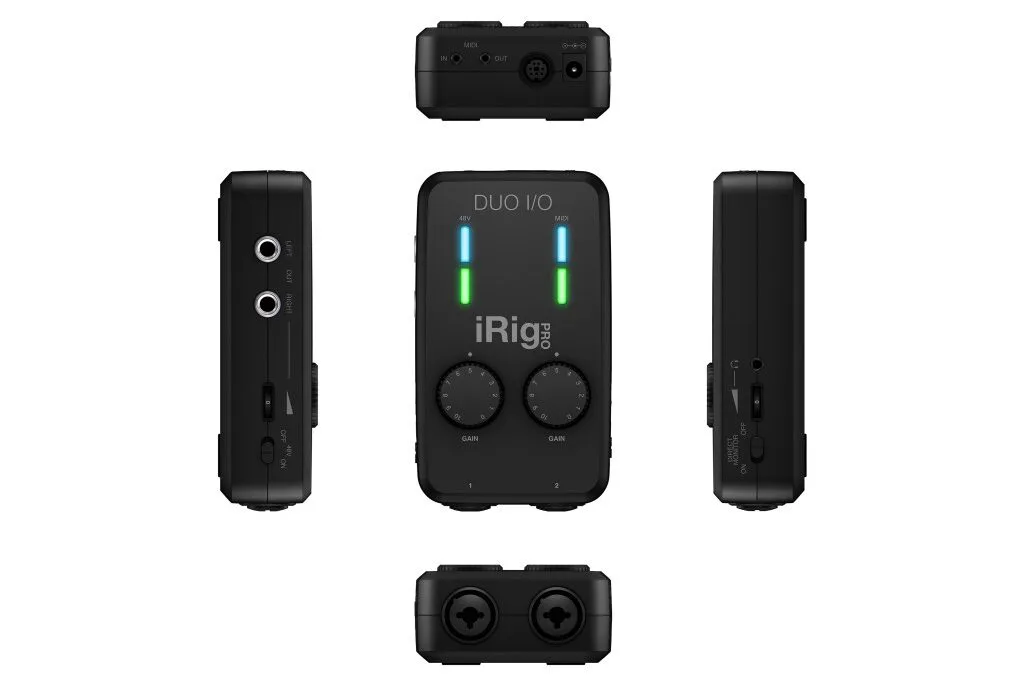 iRig Pro Duo I/O audio interface shown from five angles: front with dual knobs and LED meters, left and right sides, top, and bottom connectors on