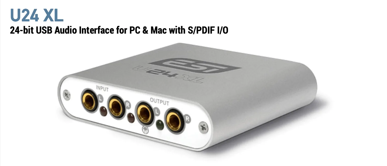 ESI U24 XL silver audio interface with four gold I/O connectors on white panel, angled view against white background