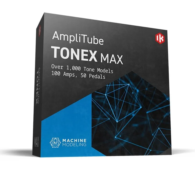 Black software box for AmpliTube TONEX MAX by IK Multimedia, angled view showing blue geometric design and white text on white background