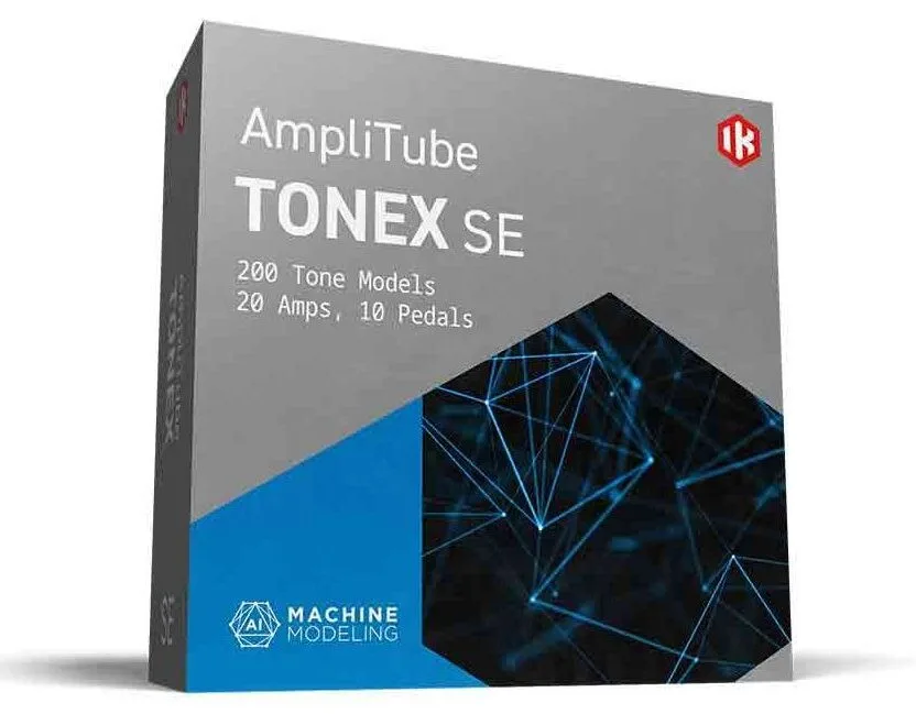 IK Multimedia AmpliTube TONEX SE software box with gray and blue design, showing 200 tone models and 20 amps