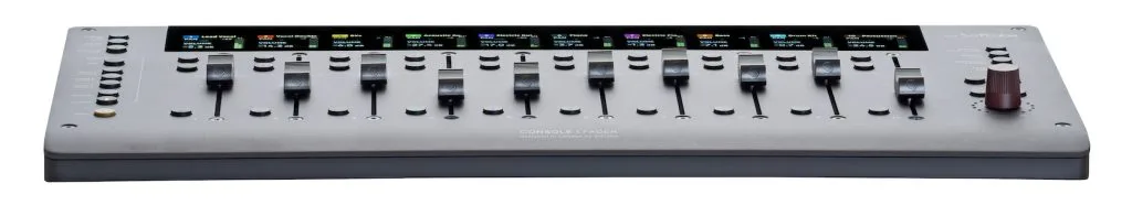 Console 1 Fader MKIII control surface with 16 motorized faders, displayed top-down on grey background