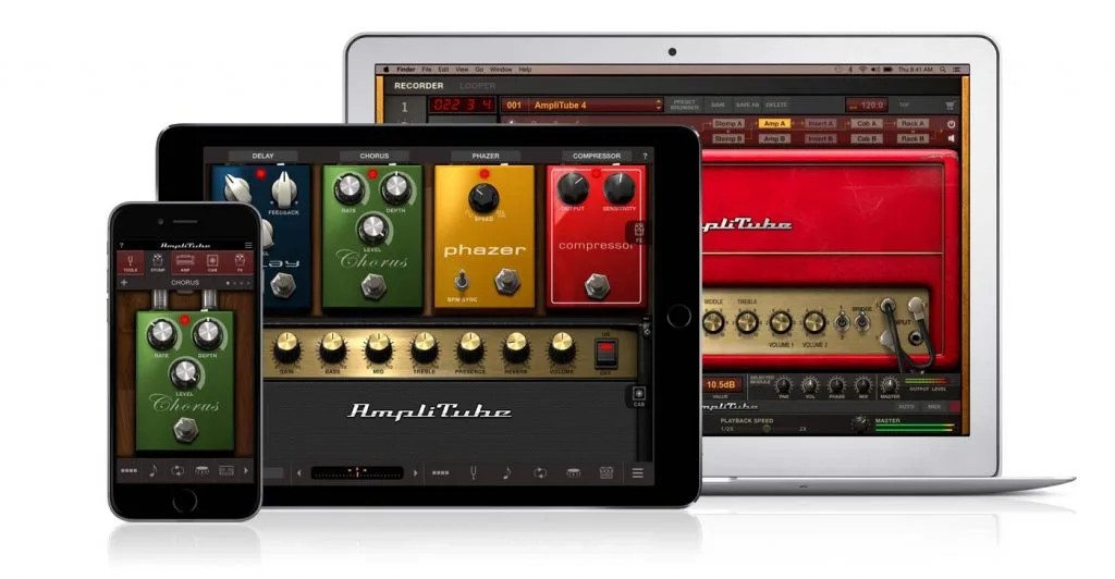 iRig HD2 guitar interface displayed across iPhone, iPad, and Mac showing green chorus, yellow phaser, and red compressor effect plugins