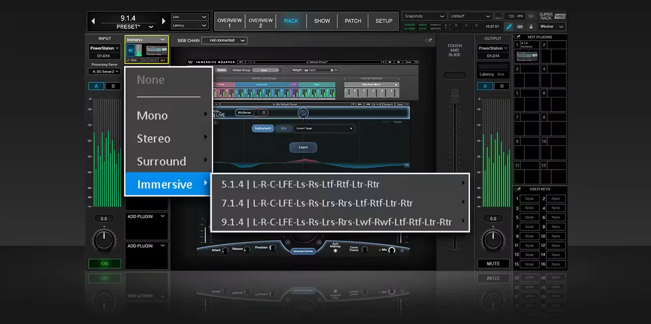 Waves SuperRack LiveBox interface showing immersive audio format selection menu with channel configuration options displayed on dark background