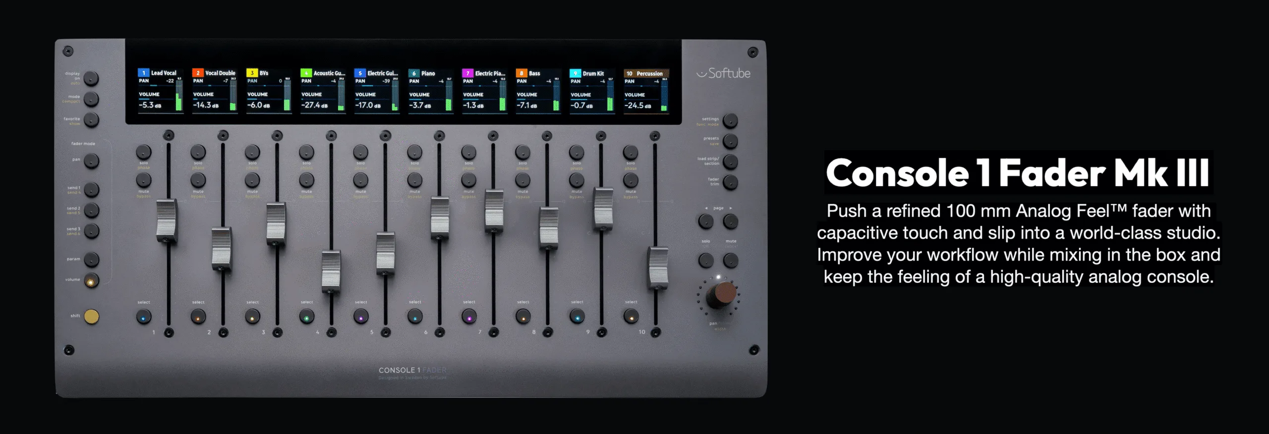 Softube Console 1 Fader MKIII mixing console with 10 analog faders, touchscreen display showing channel strips, and control buttons on dark