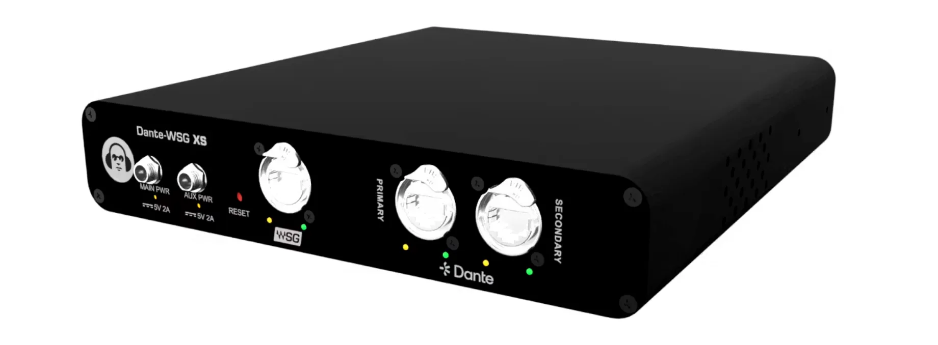 Hear Technologies Dante-WSG XS audio interface, black desktop unit with dual rotary controls, power inputs, and status LEDs, angled view