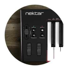 Close-up of the controls and wheels on a Nektar SE keyboard controller, on a wooden surface