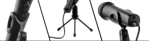Three angles of iRig Mic HD 2 condenser microphone: side view showing cylindrical body, desktop tripod stand, and close-up of capsule end in black